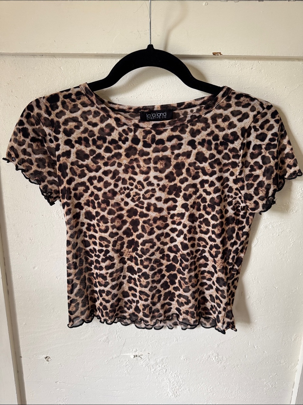 La La Land Leopard Print Mesh Crop Top - Brown